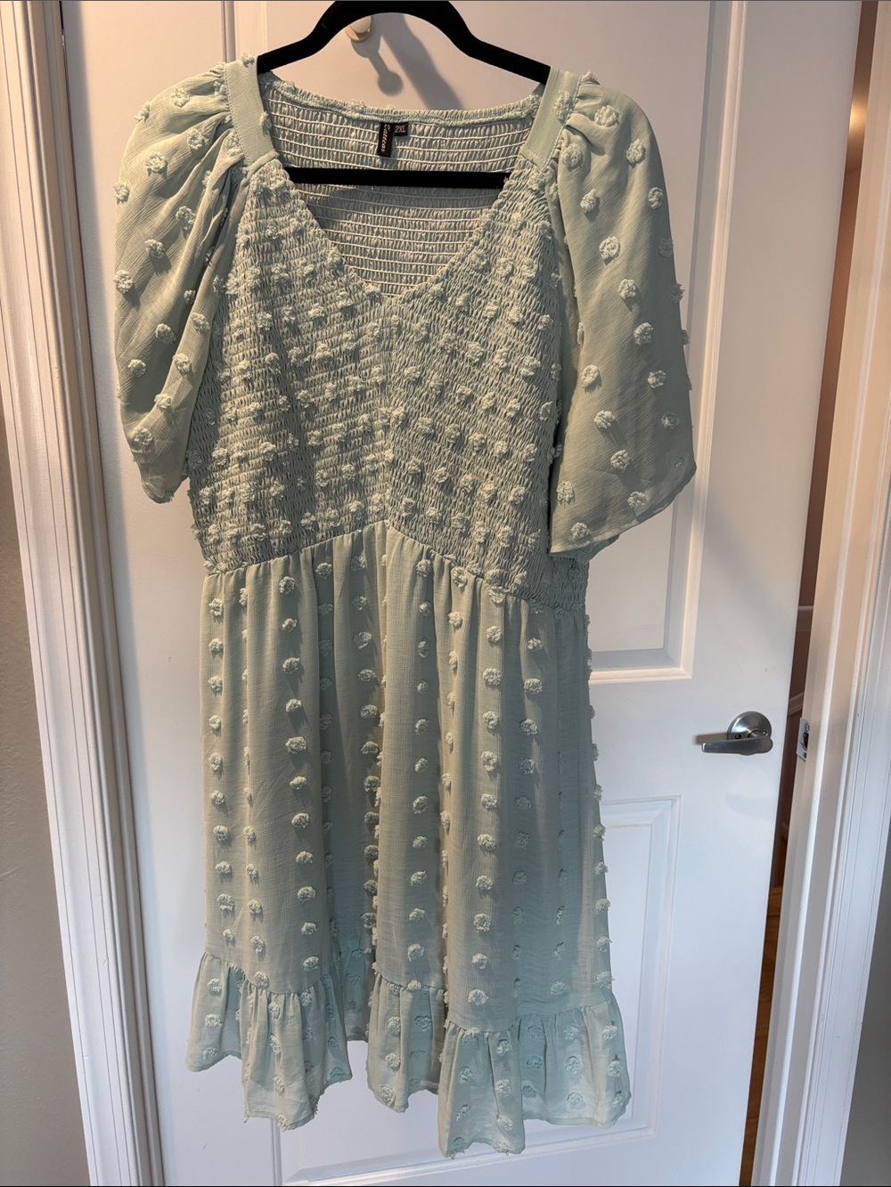 Light Green Textured Swiss Dot womens Dress with Puff Sleeves